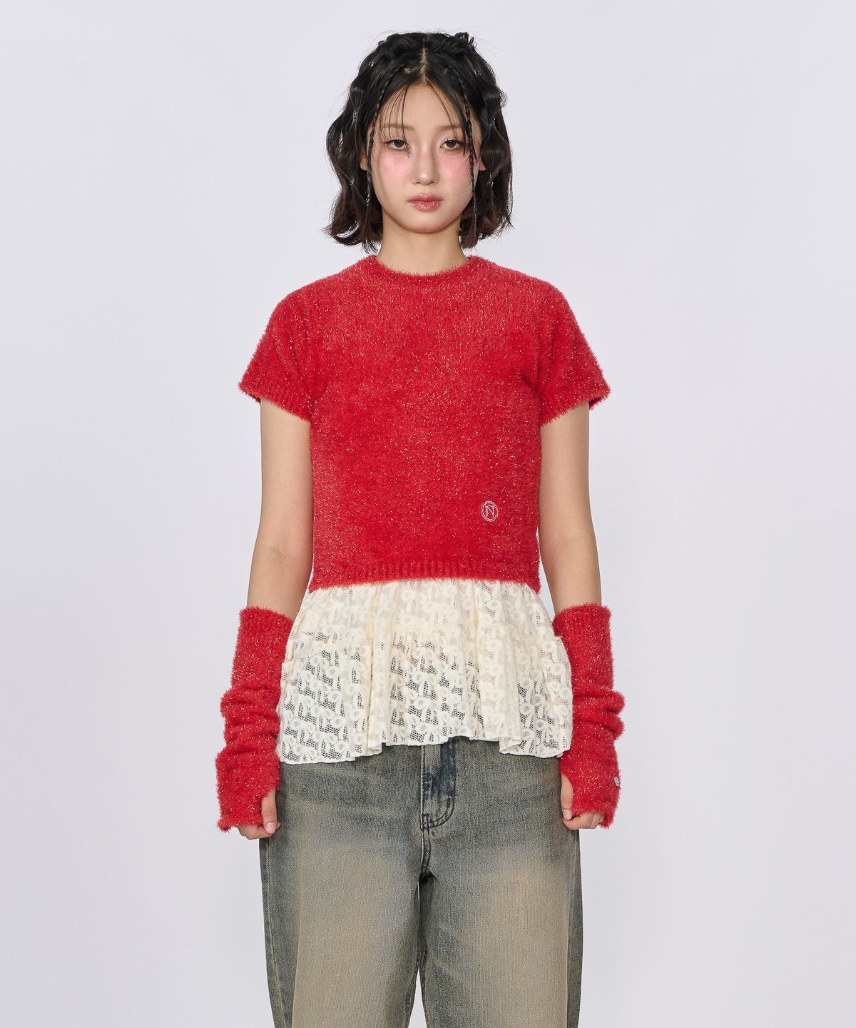 언유주얼 노말(UNUSUALNORMAL) SPARKLE SYMBOL KNIT TOP_RED