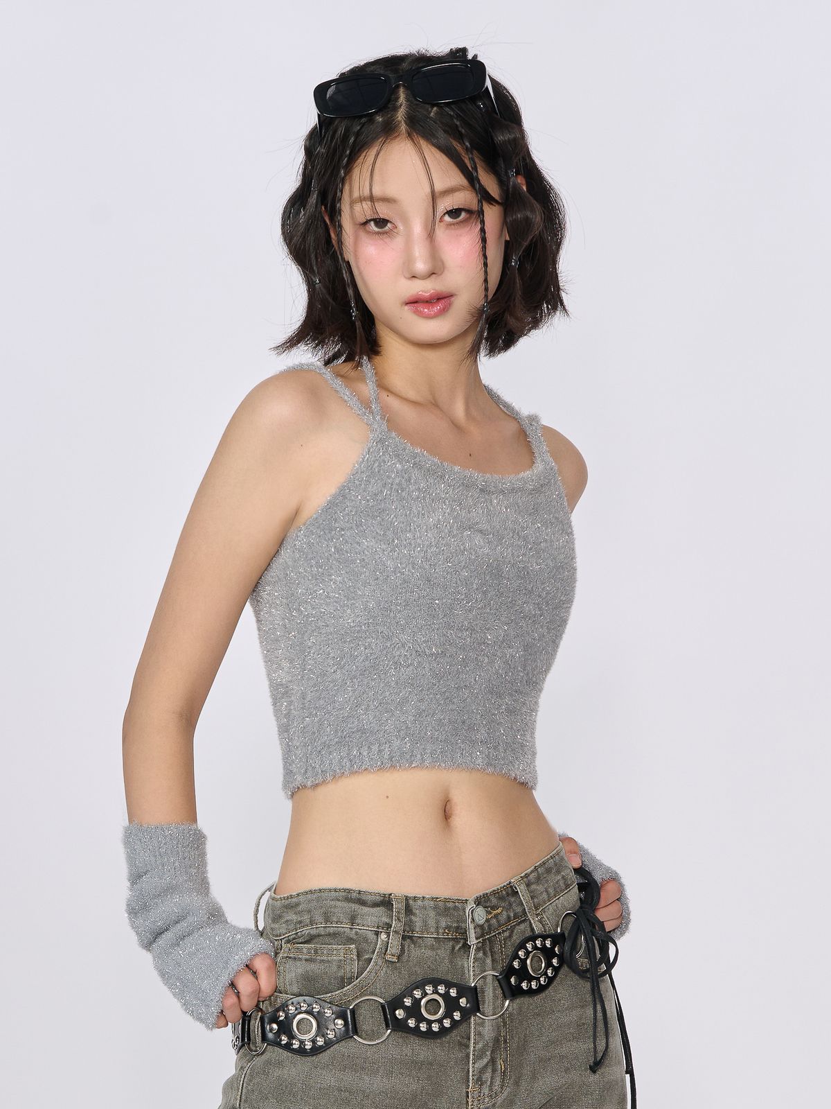 언유주얼 노말(UNUSUALNORMAL) GLITTER 2WAY KNIT HALTER TOP_SILVER