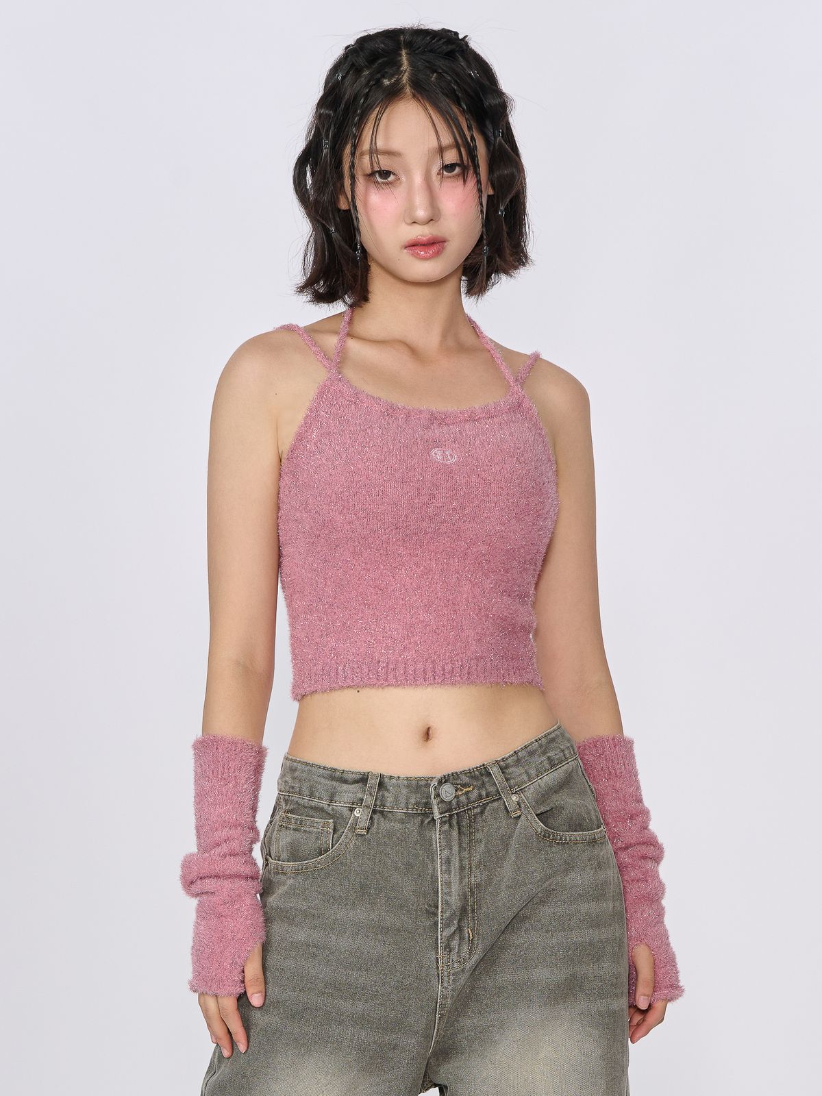 언유주얼 노말(UNUSUALNORMAL) GLITTER 2WAY KNIT HALTER TOP_PINK