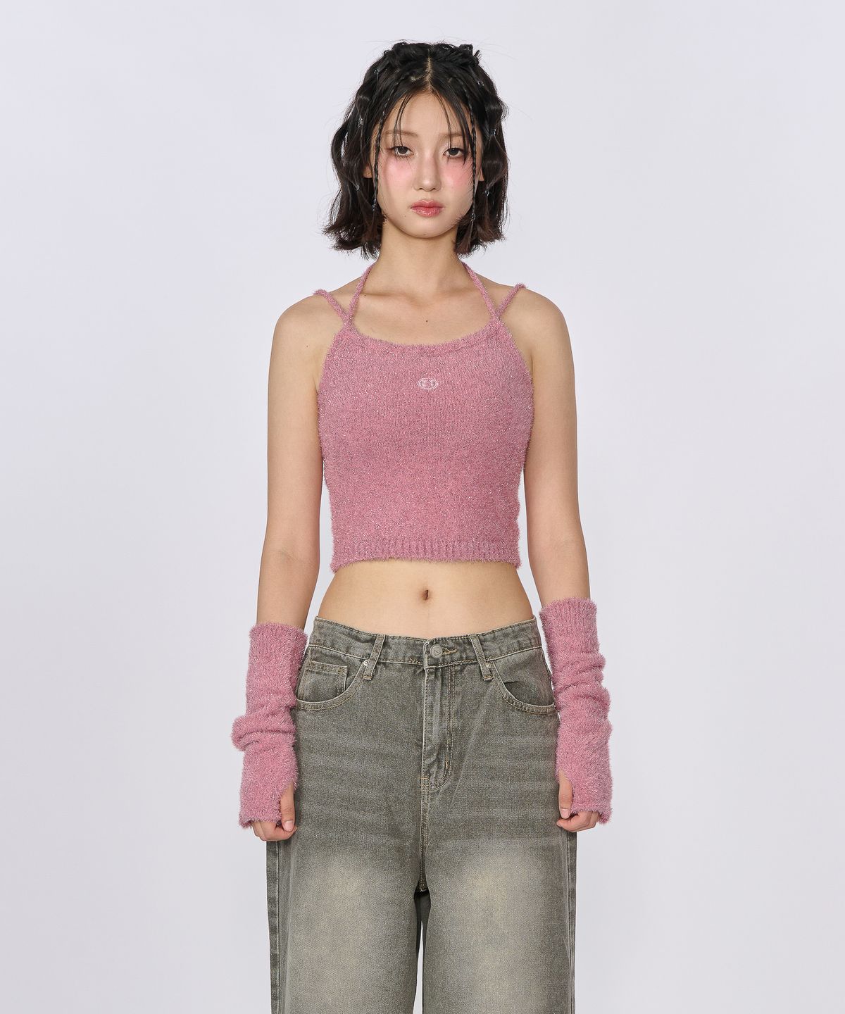 언유주얼 노말(UNUSUALNORMAL) GLITTER 2WAY KNIT HALTER TOP_PINK