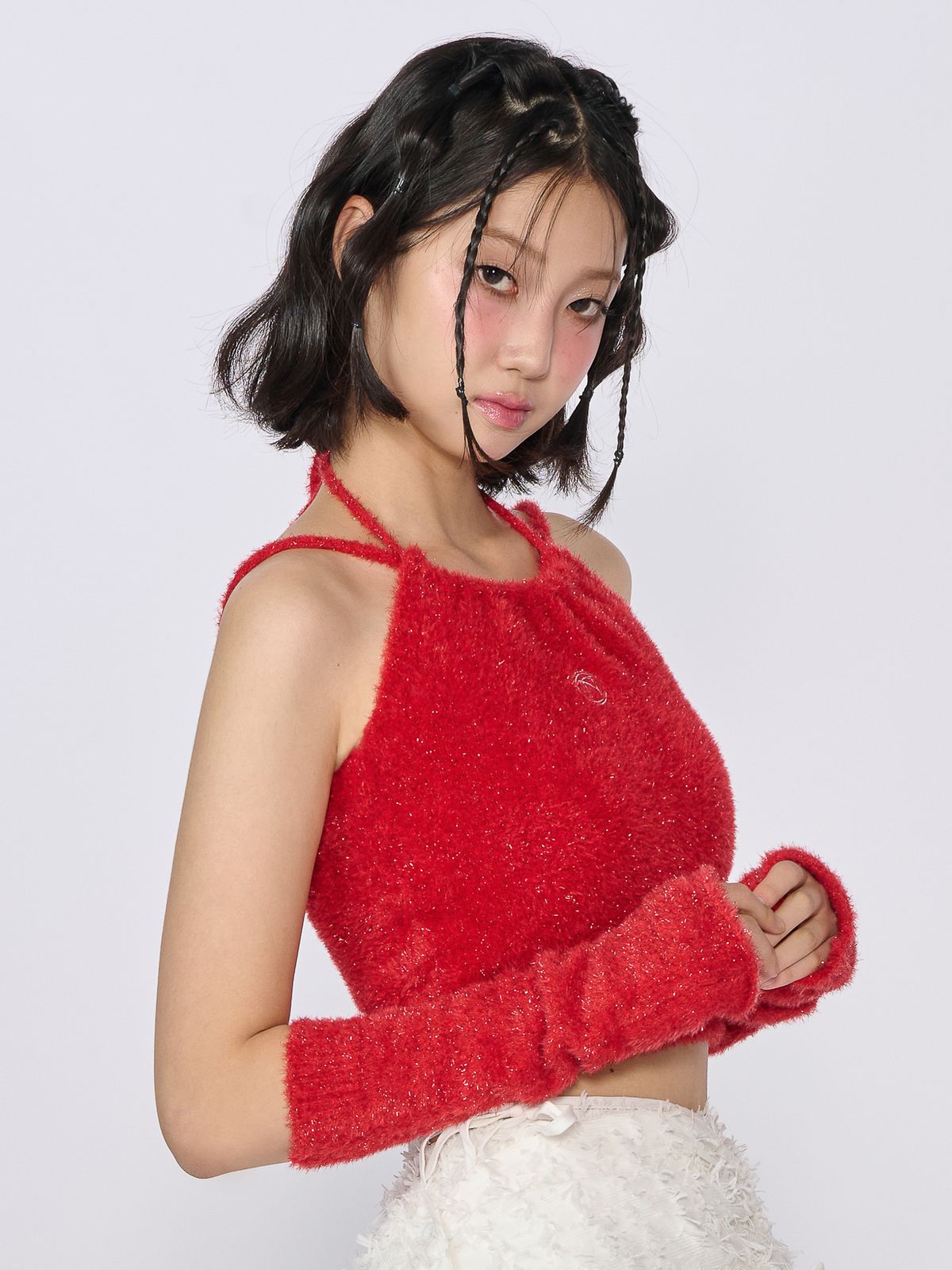 언유주얼 노말(UNUSUALNORMAL) GLITTER 2WAY KNIT HALTER TOP_RED