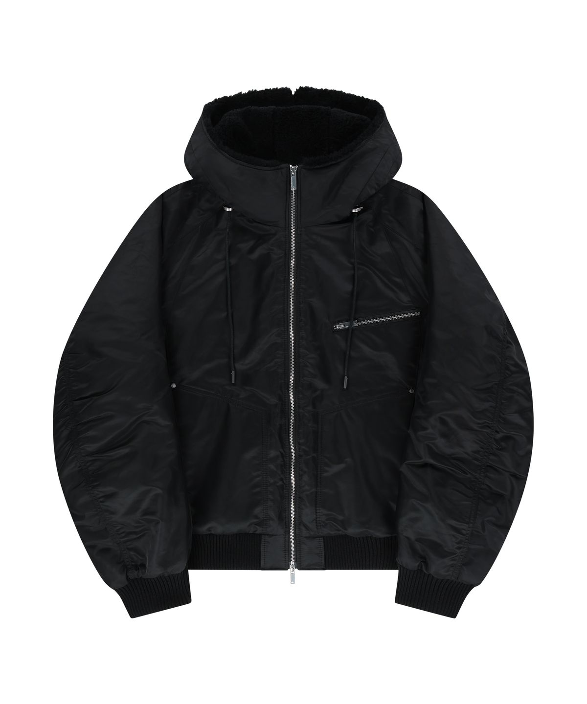 언지미크(UNGIMMICK) FUR HOODED NYLON MA-1 JACKET (BLACK)