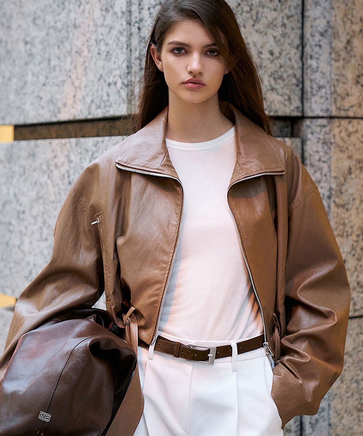 르네제이(RENEJ) Leather Zip Up Bomber Jacket