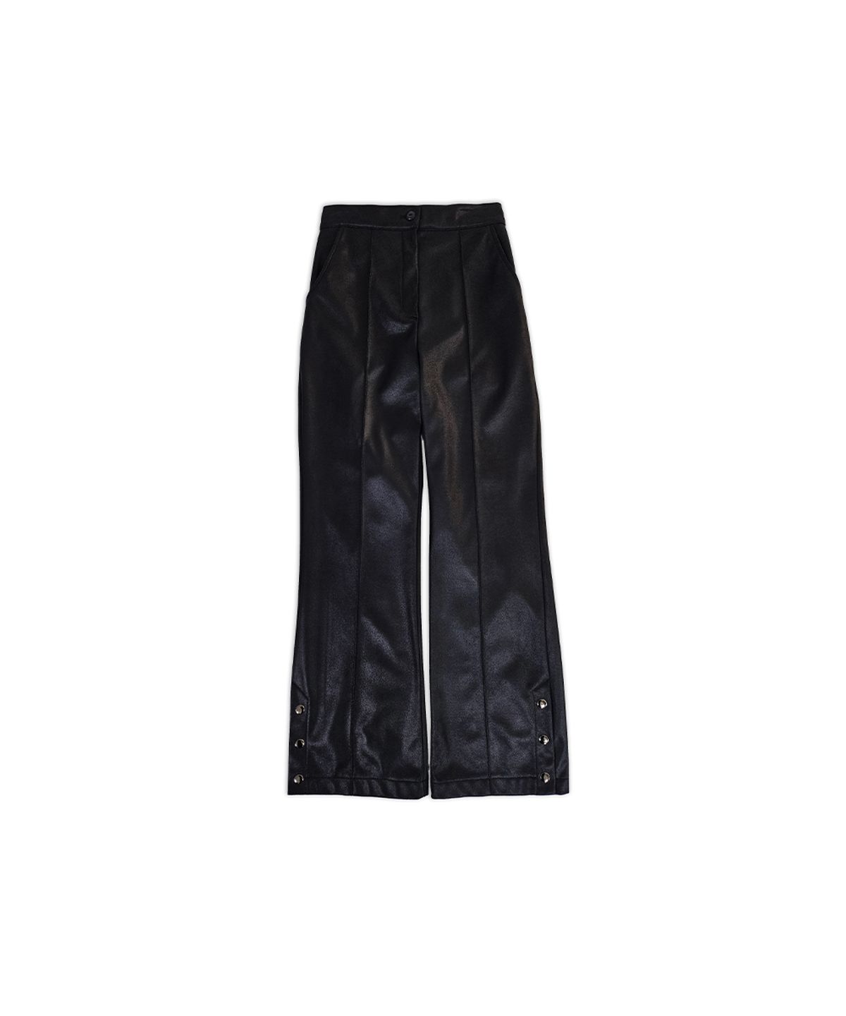 320쇼룸(320SHOWROOM) Faux Leather Side Slit Button Elastic Fleece-Lined Bootcut Pants Black