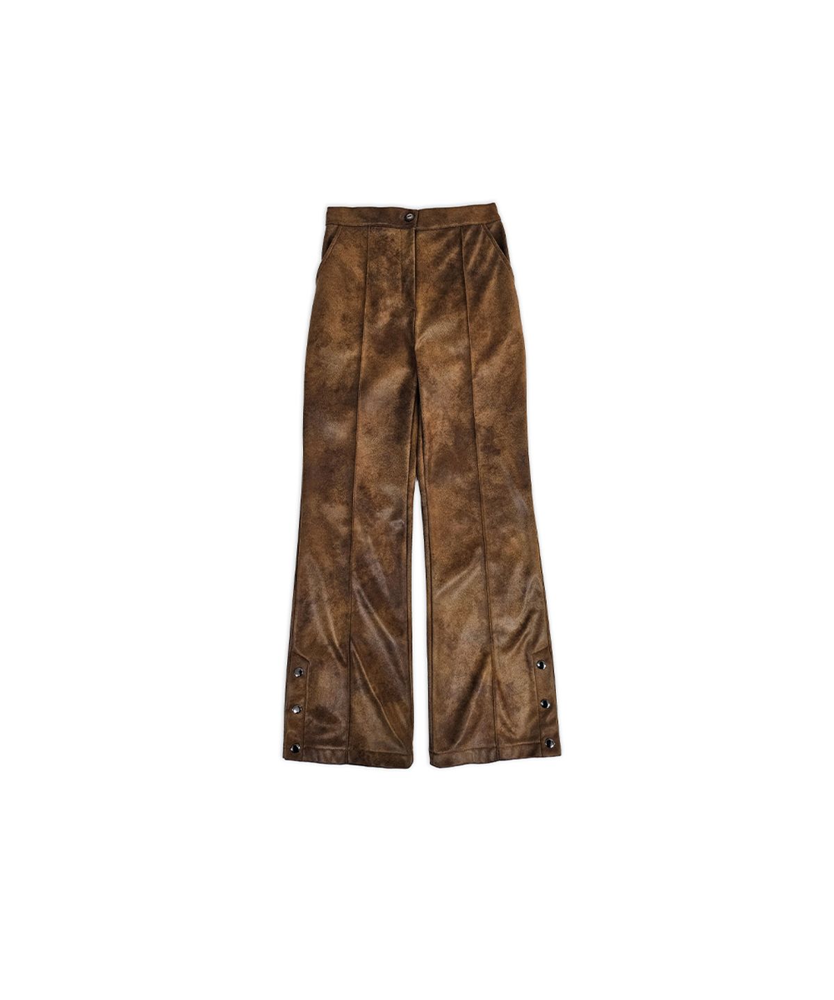 320쇼룸(320SHOWROOM) Faux Leather Side Slit Button Elastic Fleece-Lined Bootcut Pants Brown