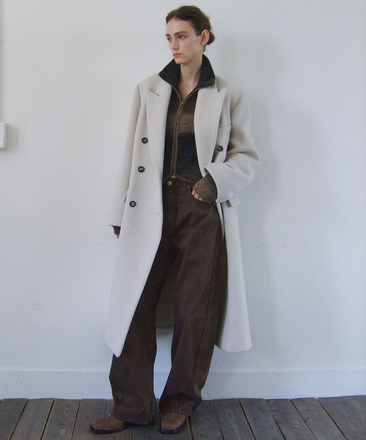 엔오르 스튜디오(ENOR STUDIO) [ALPACA 20%] DOUBLE BREASTED TAILORED COAT - IVORY