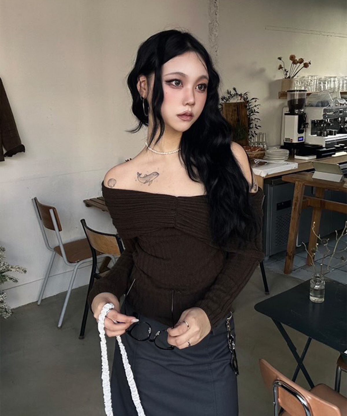 하우스 오브 폰드(HOUSE OF POND) Merino Wool blended off-shoulder sweater_Brown
