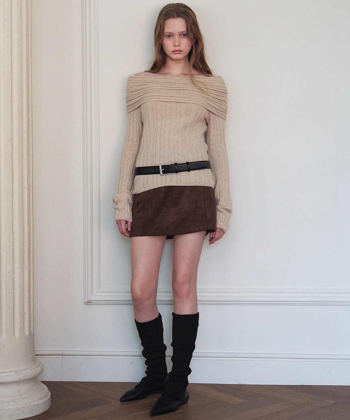 하우스 오브 폰드(HOUSE OF POND) Merino Wool blended off-shoulder sweater_Beige