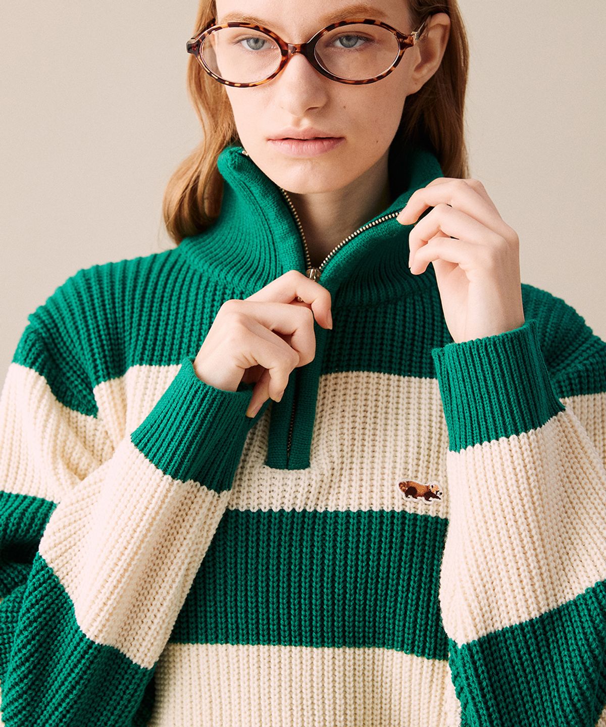 코케트(COQUET) [LESSER PANDA] BABY LESSER HEAVY STRIPE KNIT HALF ZIP-UP GREEN