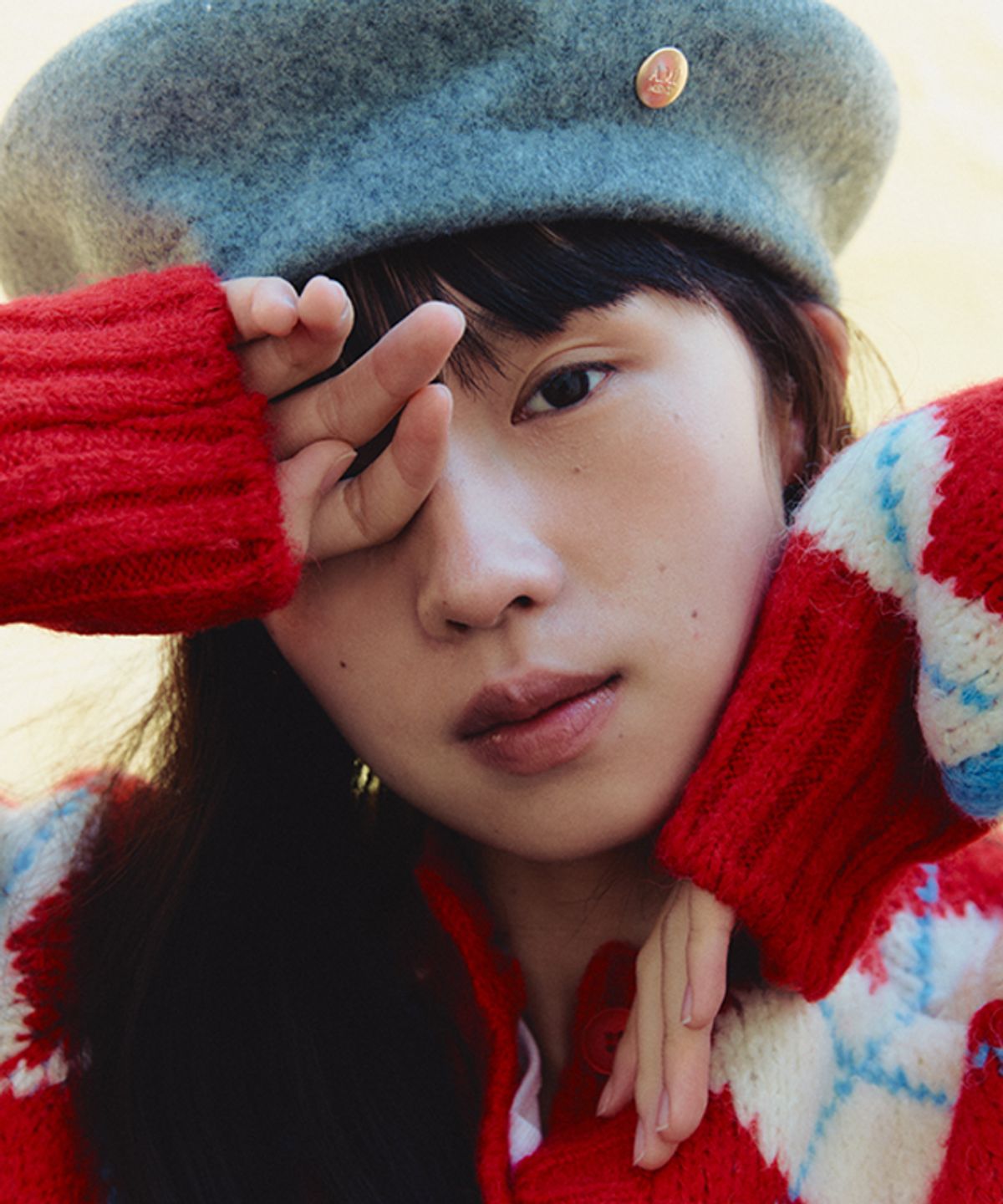 론론(RONRON) HEART ARGYLE HEAVY KNIT OVER FIT CARDIGAN RED