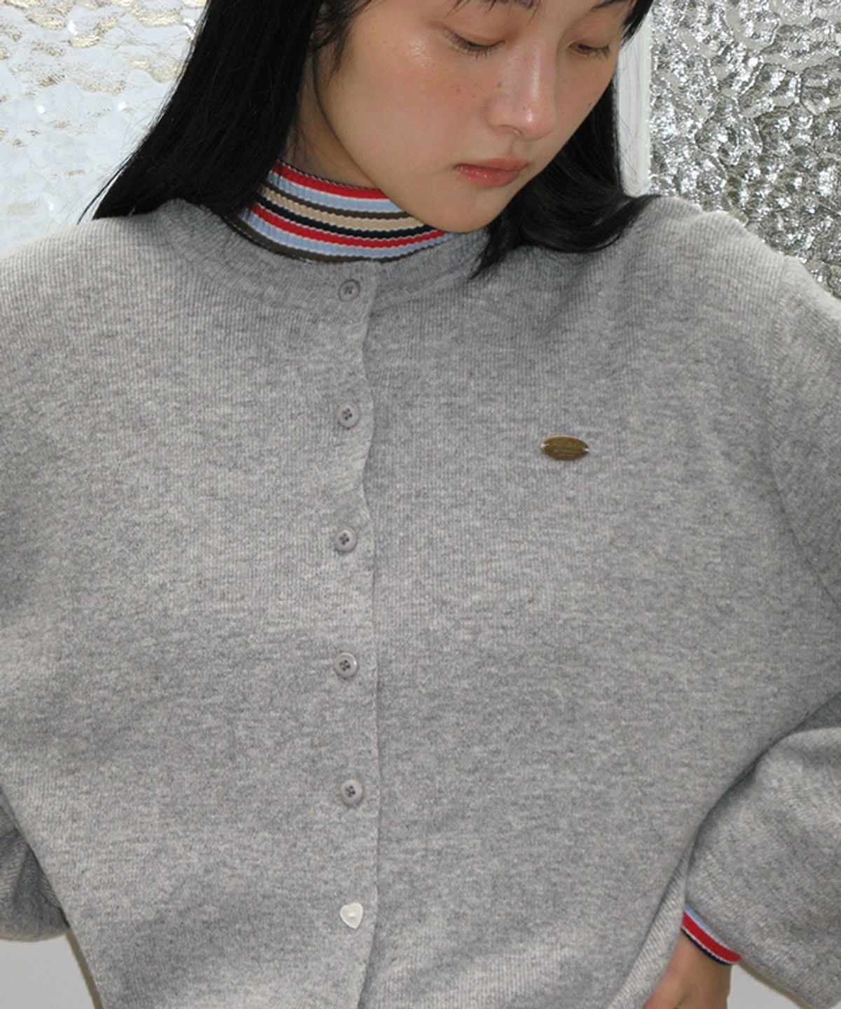 론론(RONRON) BUTTON POINTED BASIC KNIT CARDIGAN GREY
