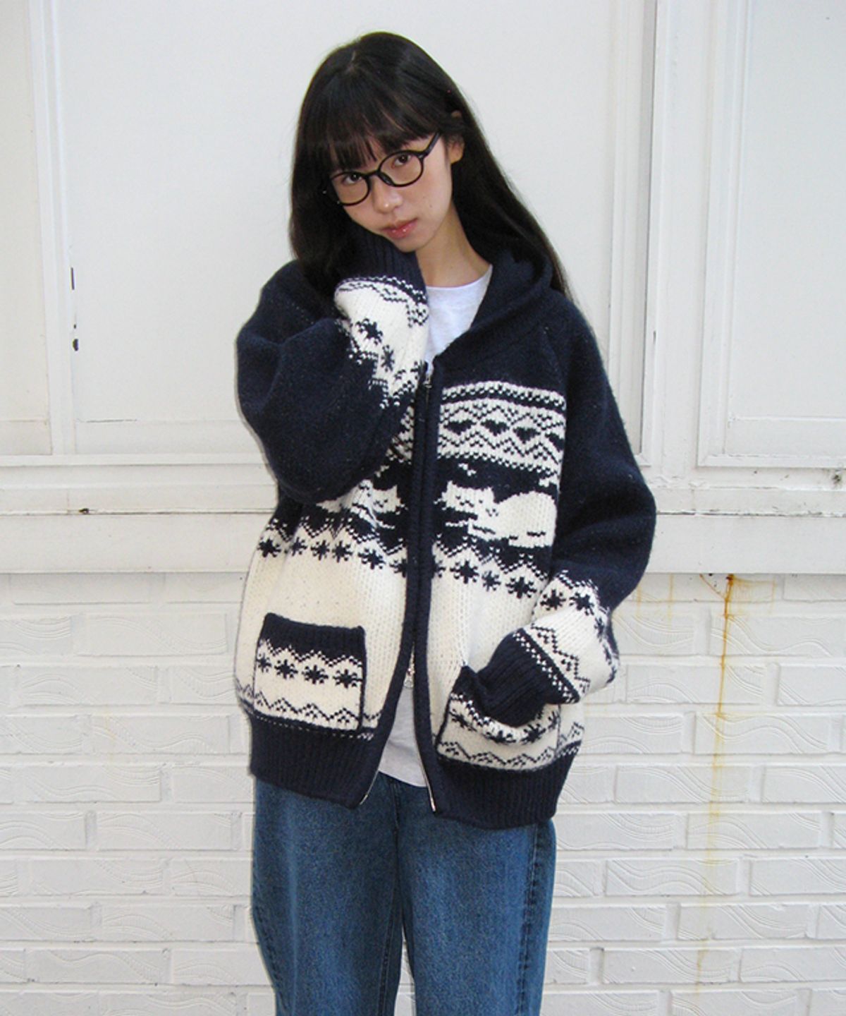 론론(RONRON) CAT JACQUARD HOOD ZIP UP KNIT NAVY