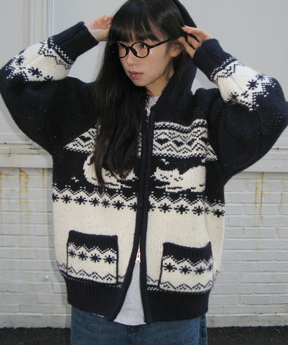 론론(RONRON) CAT JACQUARD HOOD ZIP UP KNIT NAVY