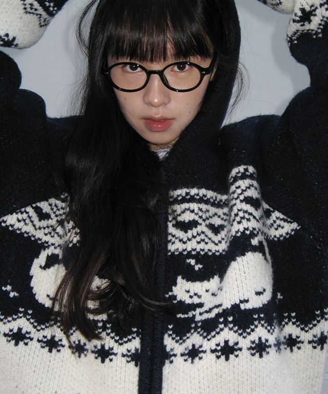 MUSINSA公式 | RONRON CAT JACQUARD HOOD ZIP UP KNIT NAVY