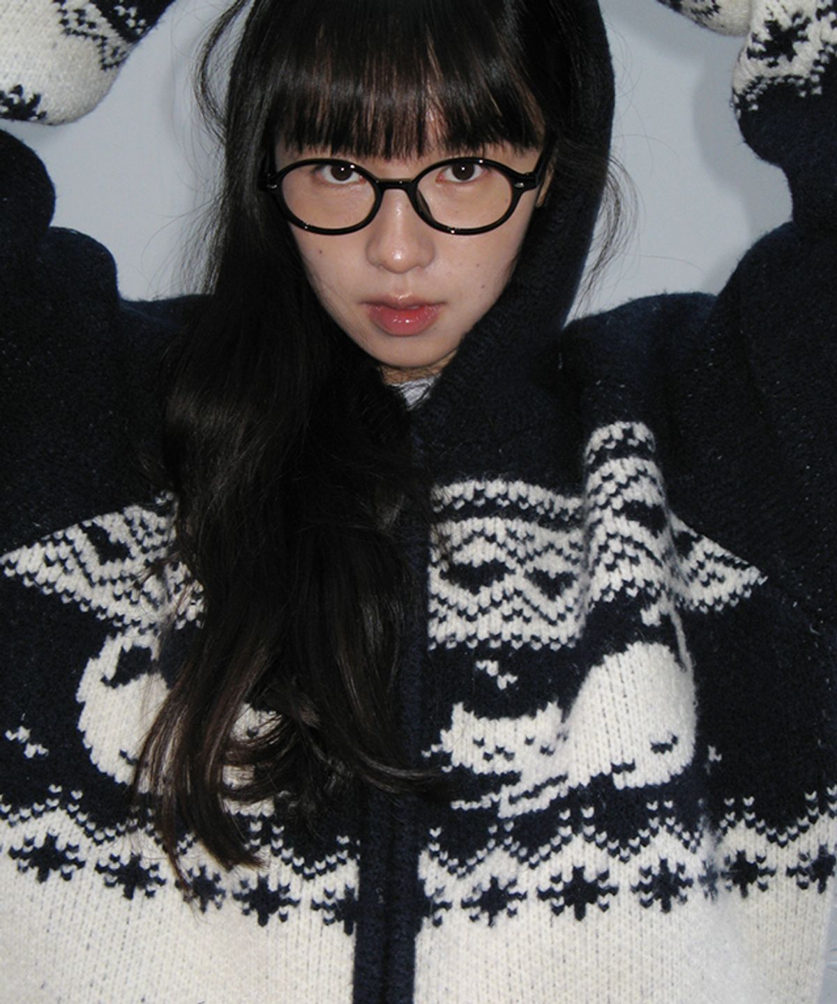 론론(RONRON) CAT JACQUARD HOOD ZIP UP KNIT NAVY