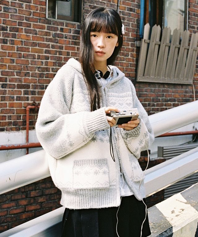 ♡ロンロン♡ MUSINSA公式 | RONRON CAT JACQUARD HOOD ZIP UP KNIT GREY