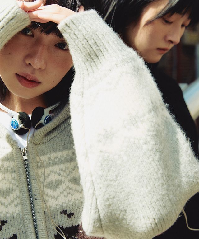 ♡ロンロン♡ MUSINSA公式 | RONRON CAT JACQUARD HOOD ZIP UP KNIT GREY