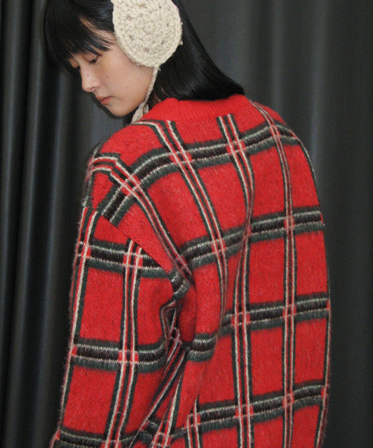 론론(RONRON) HAIRY CHECK MOHAIR PULLOVER KNIT RED
