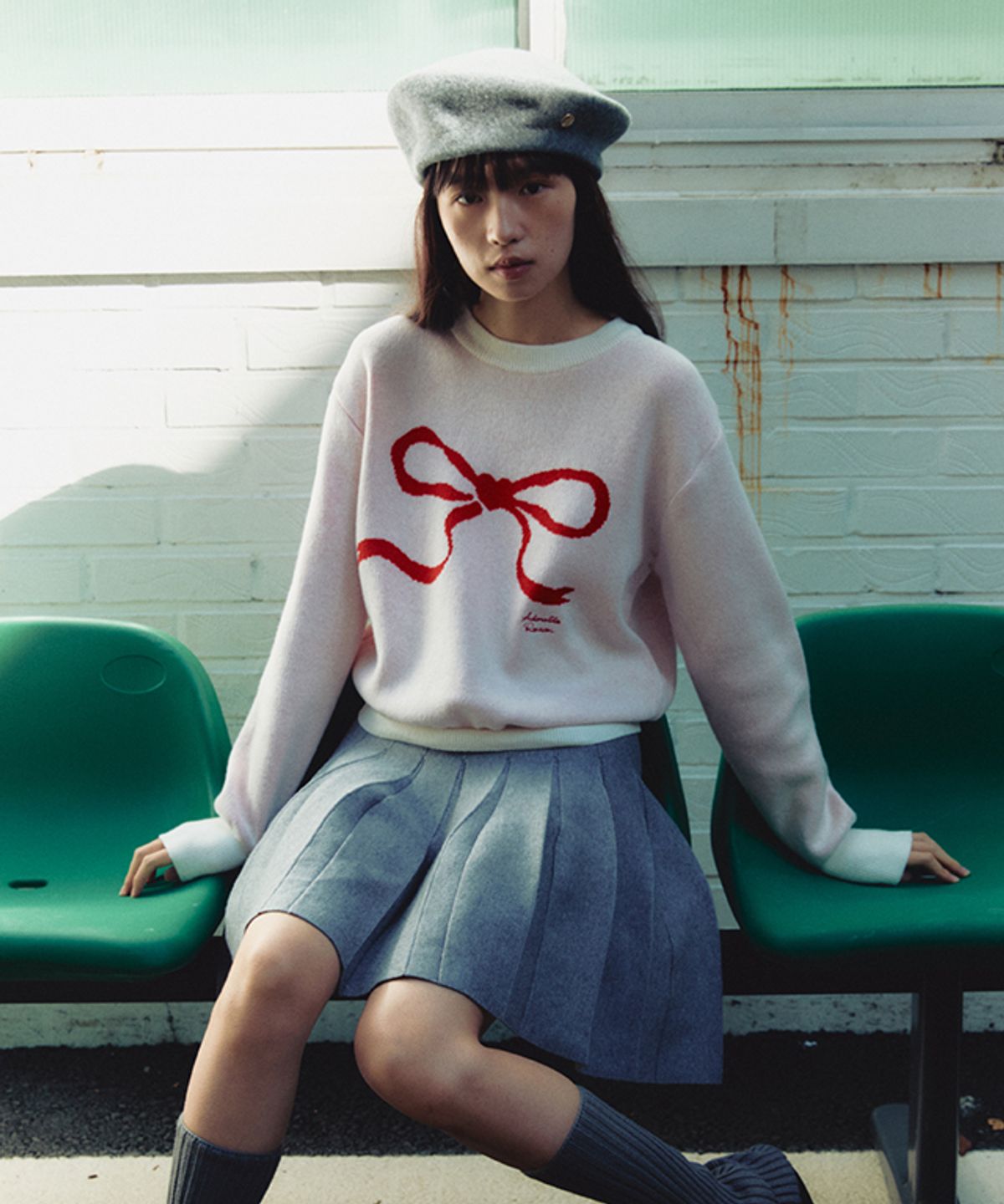 론론(RONRON) HEART RIBBON JACQUARD KNIT IVORY RED