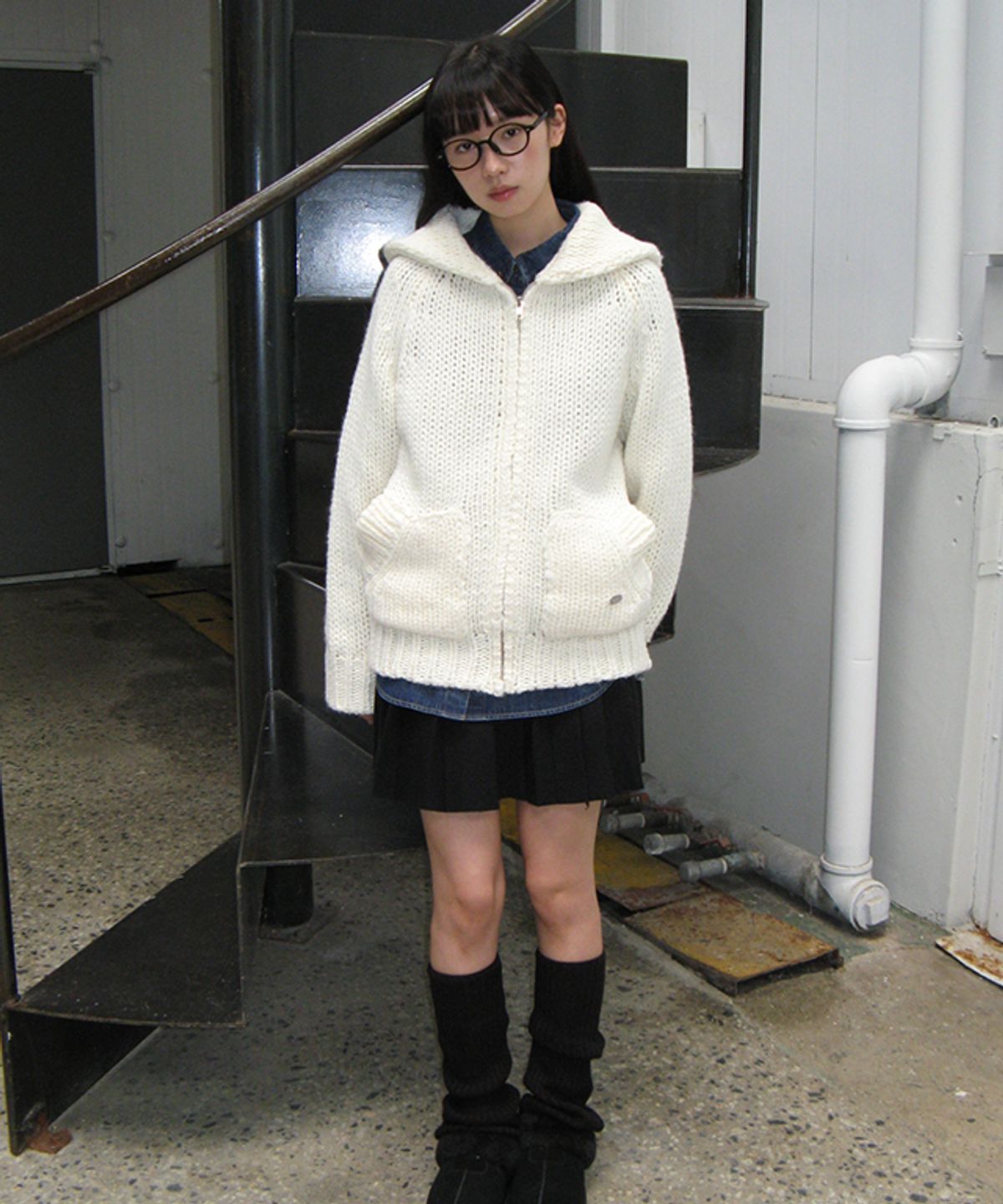 론론(RONRON) SHAWL COLLAR HANDMADE HEAVY KNIT ZIP UP IVORY