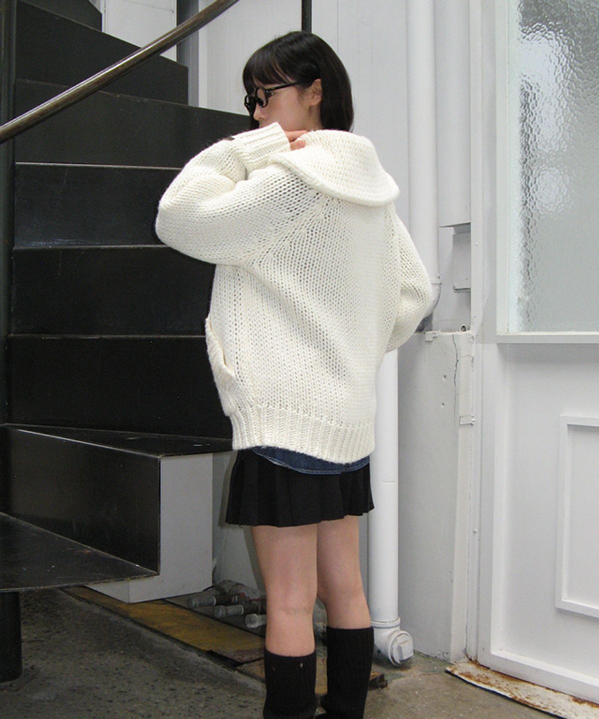 론론(RONRON) SHAWL COLLAR HANDMADE HEAVY KNIT ZIP UP IVORY