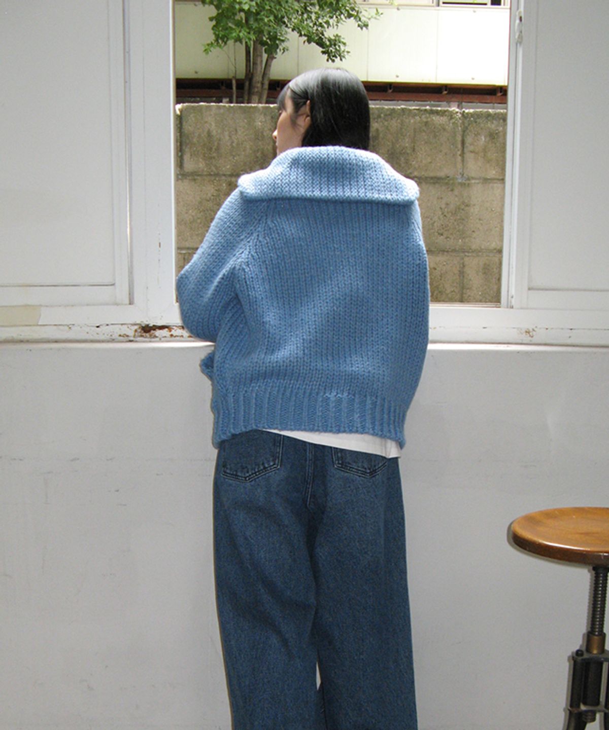 론론(RONRON) SHAWL COLLAR HANDMADE HEAVY KNIT ZIP UP DUSTY BLUE