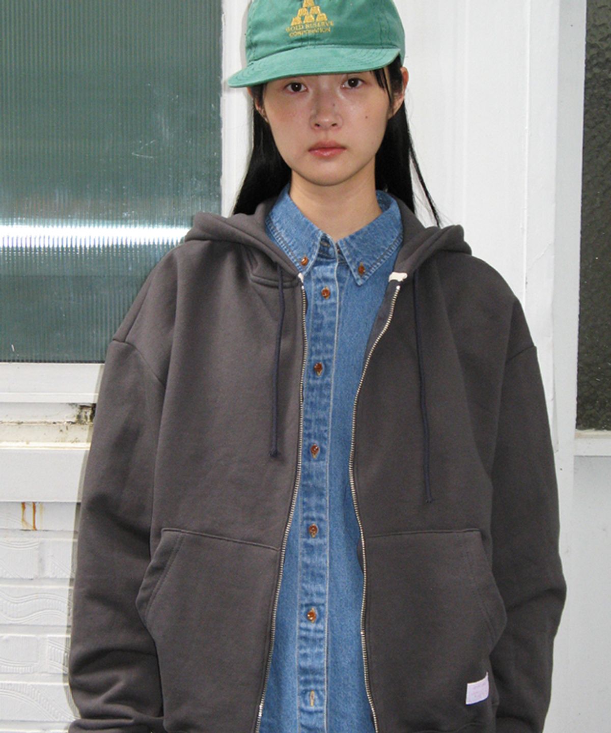 론론(RONRON) RON PATCH MIXED APPLIQUE HOODIE ZIP UP CHARCOAL