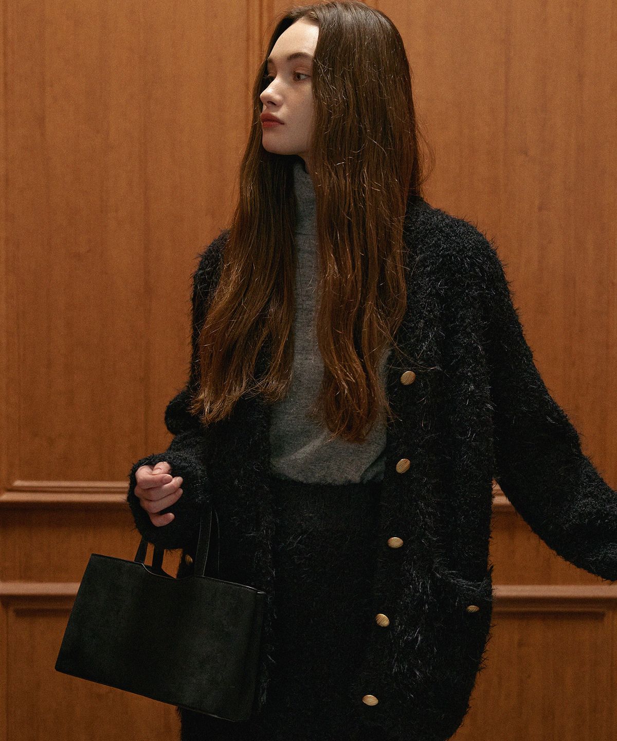 하우스 오브 폰드(HOUSE OF POND) Furry alpaca knit cardigan (Black)