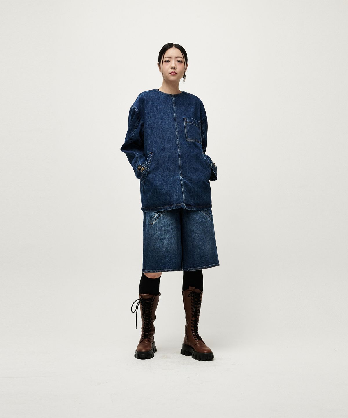 아블라 푸데티(ABLA PUDETI) 셋업 포켓포인트 데님 하프팬츠