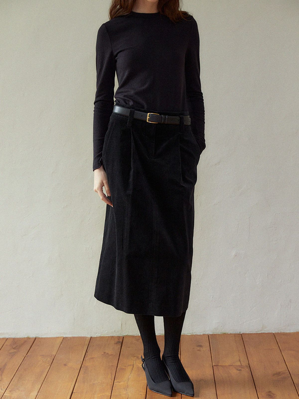 라르고(LARGO) High waist pintuck skirt (black)