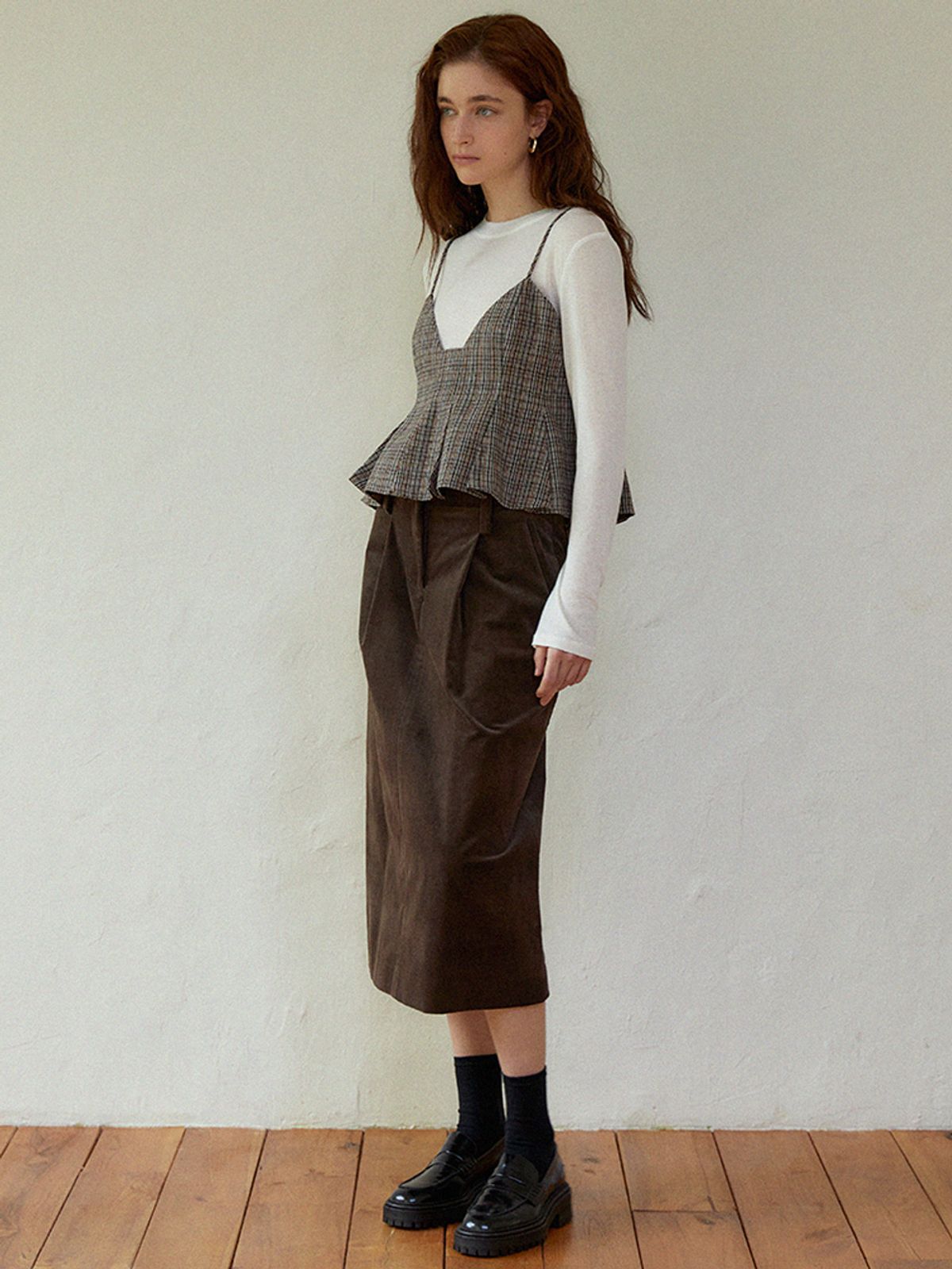 라르고(LARGO) High waist pintuck skirt (brown)