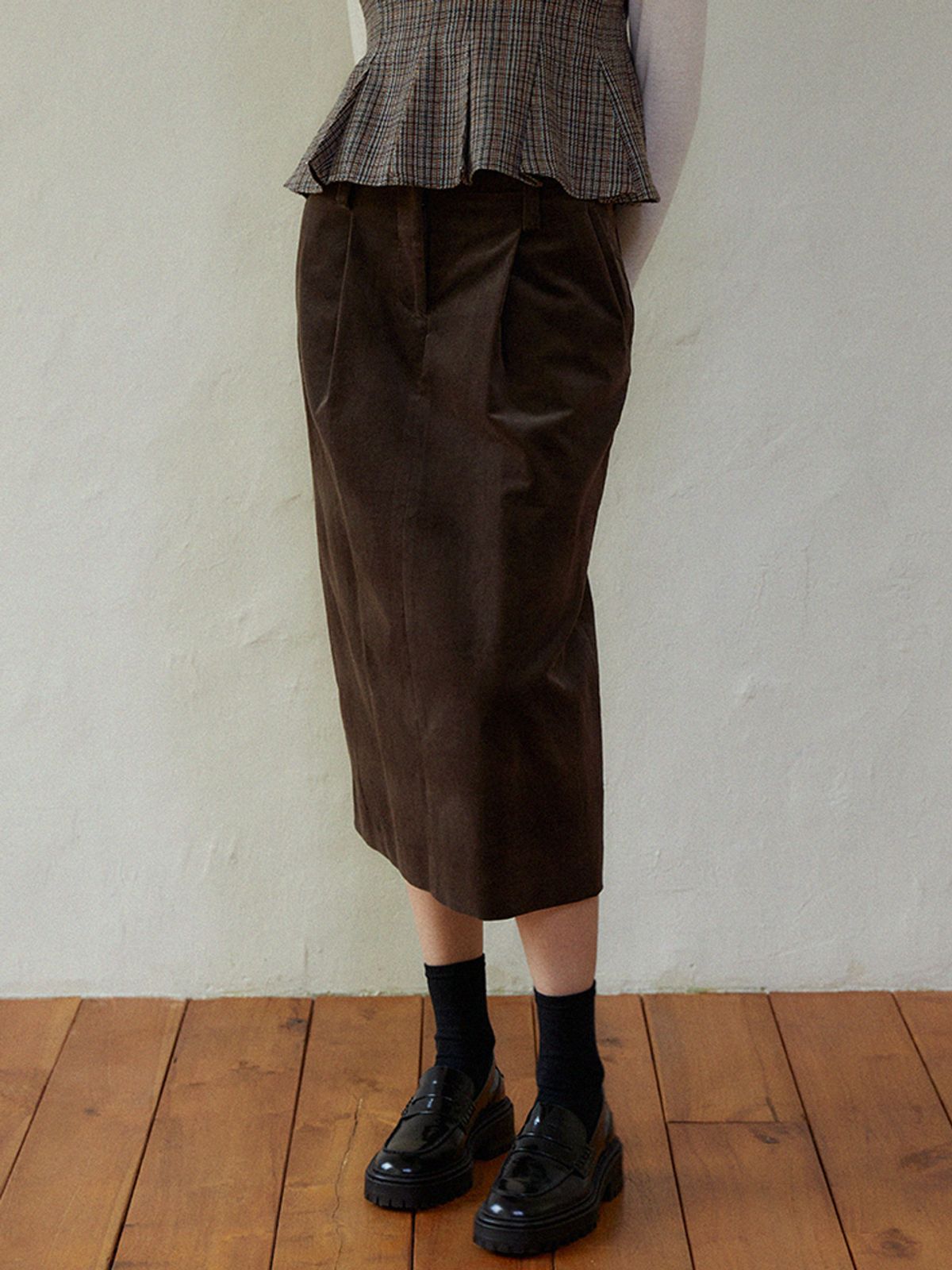 라르고(LARGO) High waist pintuck skirt (brown)
