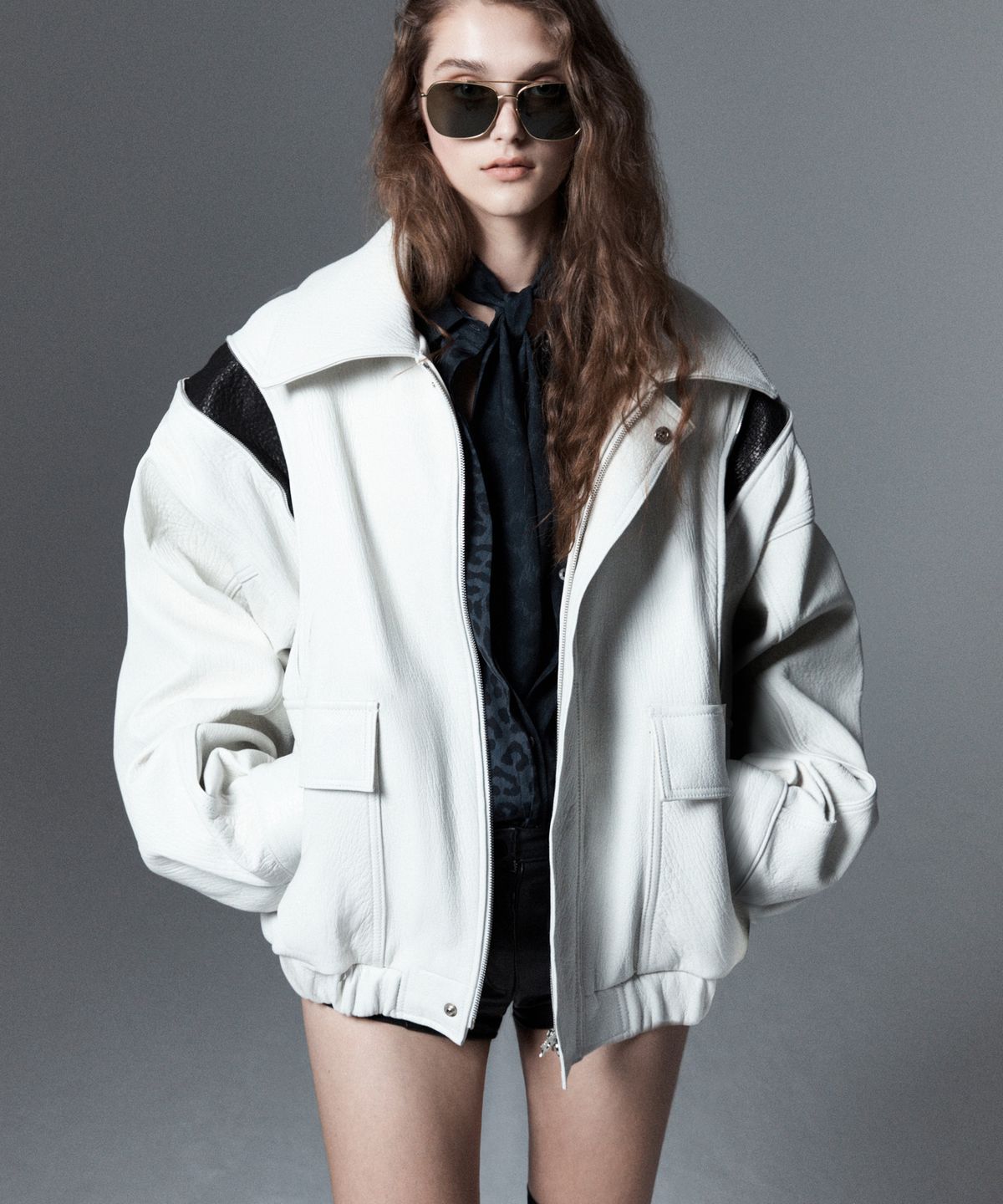 언티지(UNTAGE) 가죽 보머 자켓[White(UNISEX)]_UTH-FR06