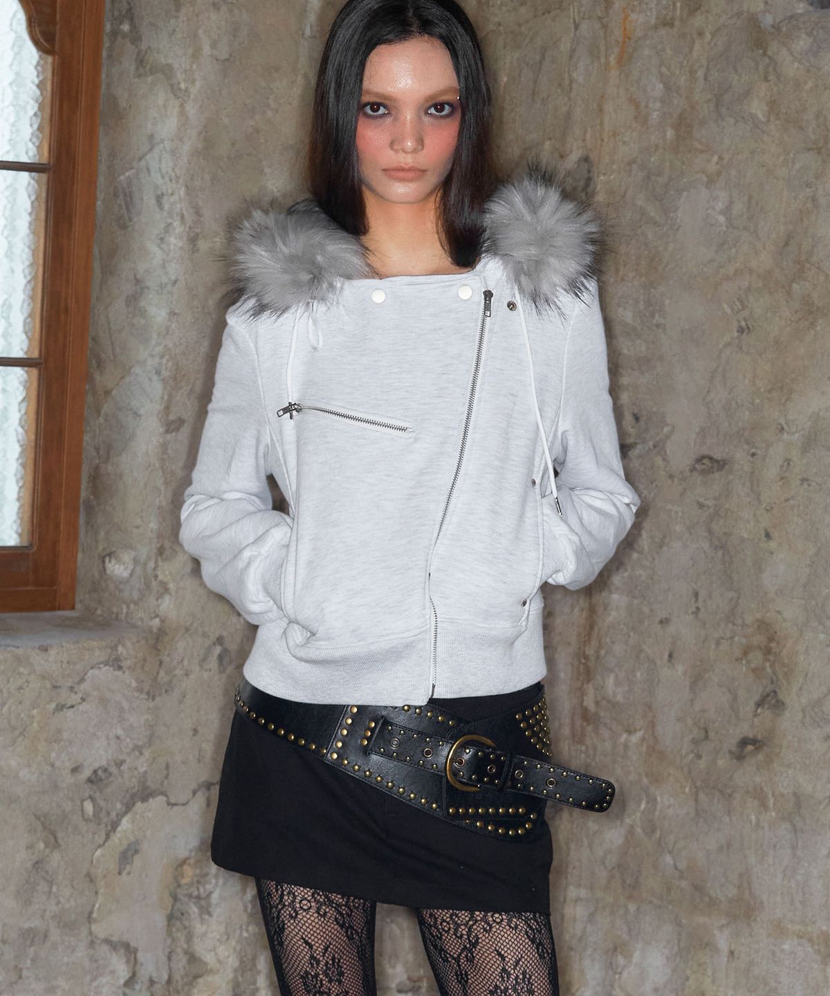 낫노잉(NOTKNOWING) Rider Fur Hood Zip Up (MELANGE WHITE)