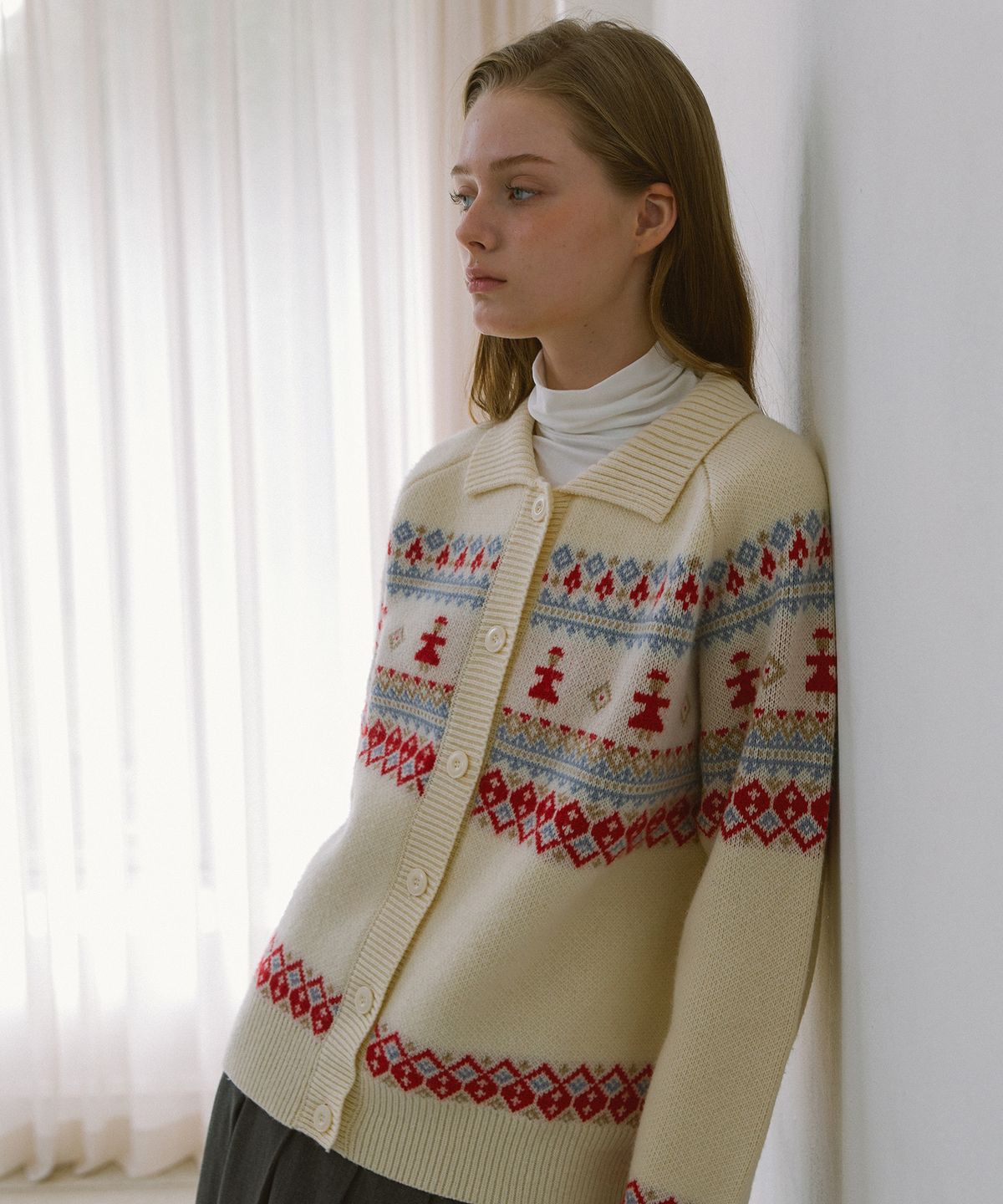 엽페(YUPPE) THING JACQUARD CARDIGAN_IVORY