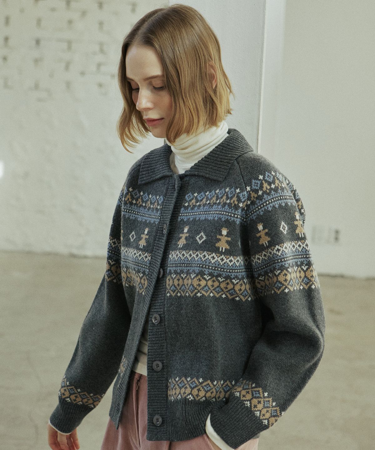 엽페(YUPPE) THING JACQUARD CARDIGAN_GRAY
