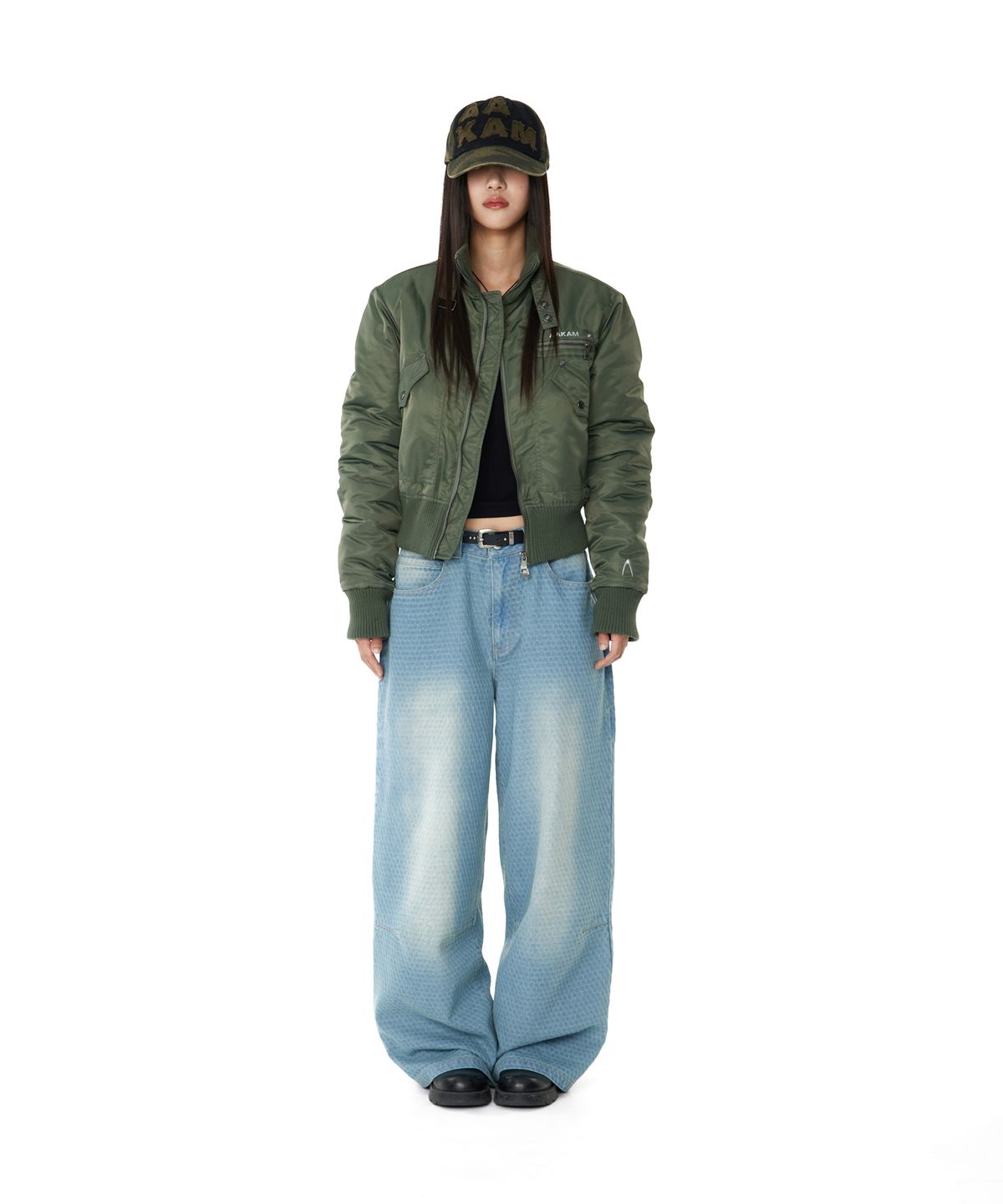 아캄(AAKAM) Grid Pattern Denim Pants (Washed Blue)
