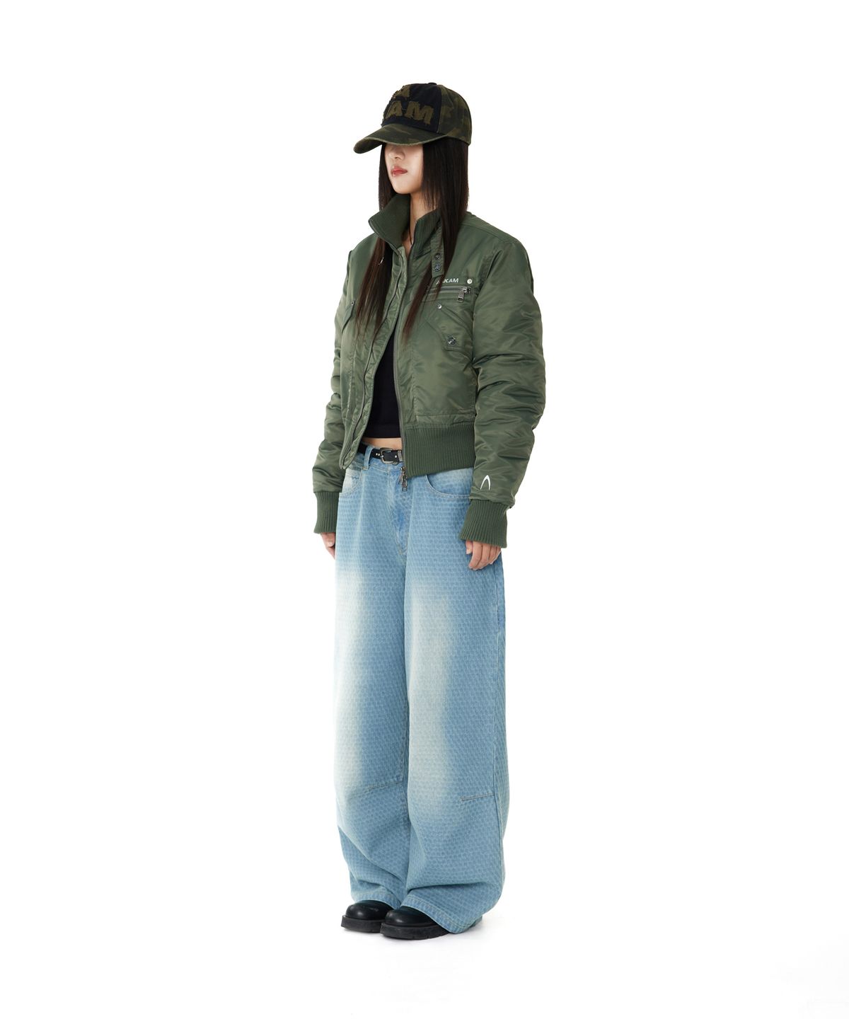 아캄(AAKAM) Grid Pattern Denim Pants (Washed Blue)
