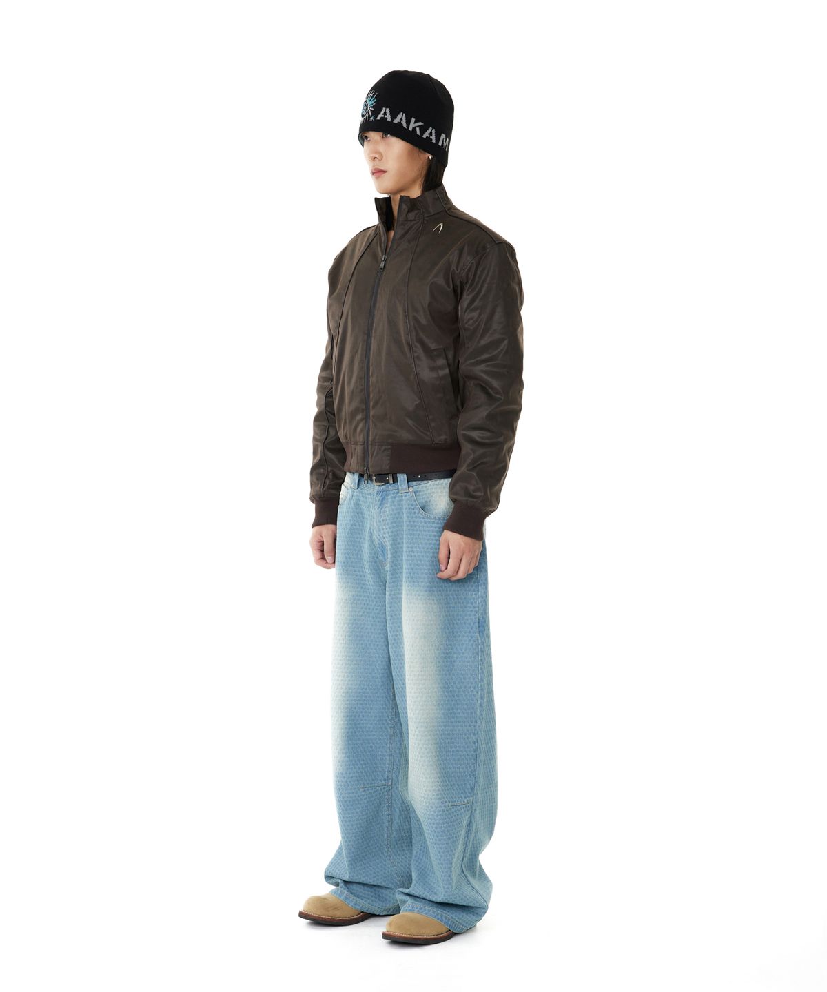 아캄(AAKAM) Grid Pattern Denim Pants (Washed Blue)