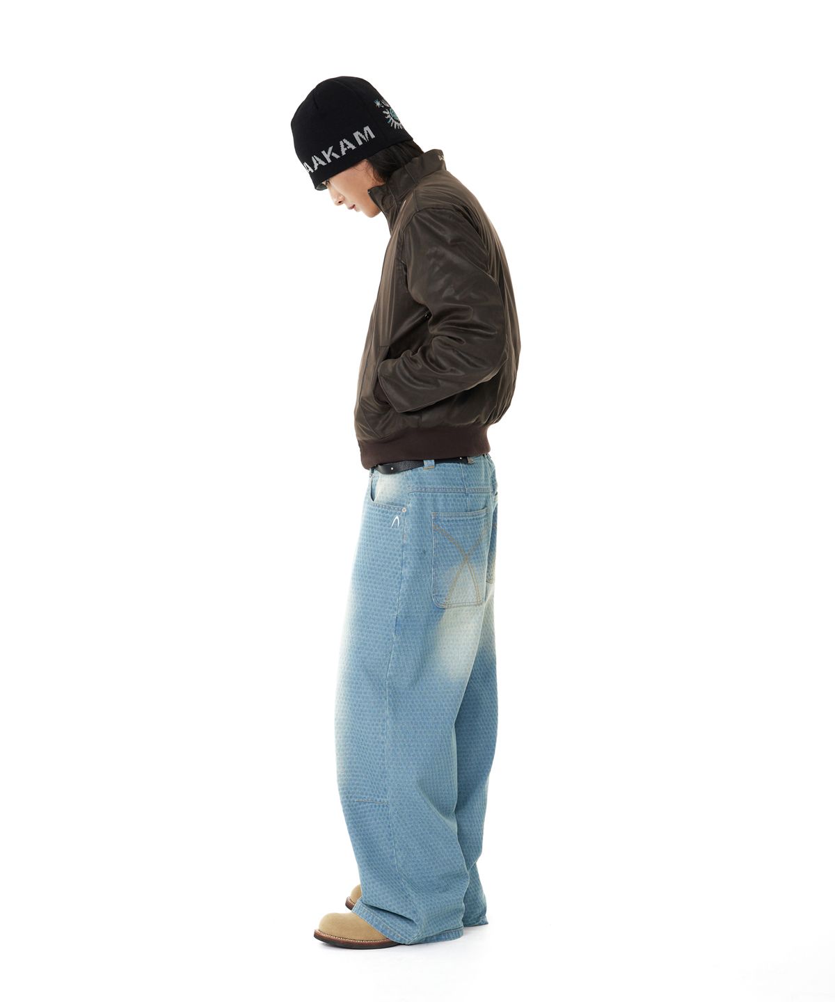 아캄(AAKAM) Grid Pattern Denim Pants (Washed Blue)