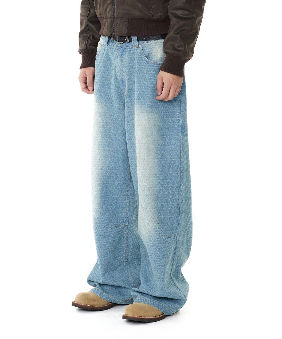 아캄(AAKAM) Grid Pattern Denim Pants (Washed Blue)