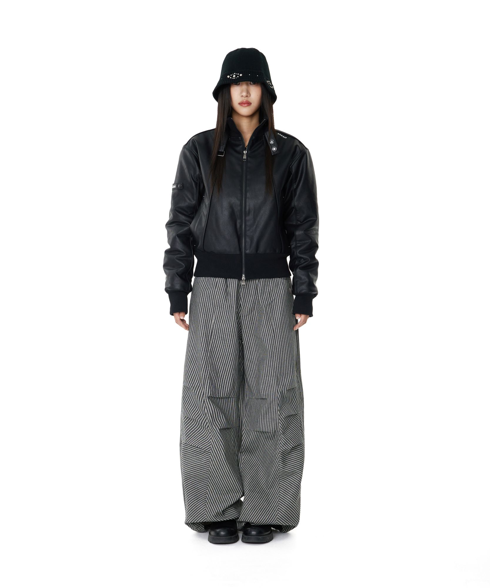 MUSINSA | AAKAM Knee Pin-tuck Stripe Denim Pants (Black)