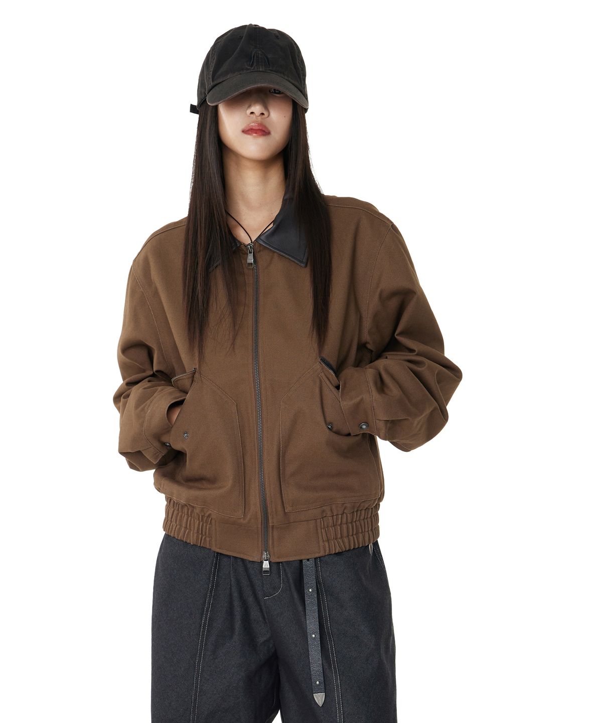 아캄(AAKAM) Contrast Leather Work Jacket (Brown)