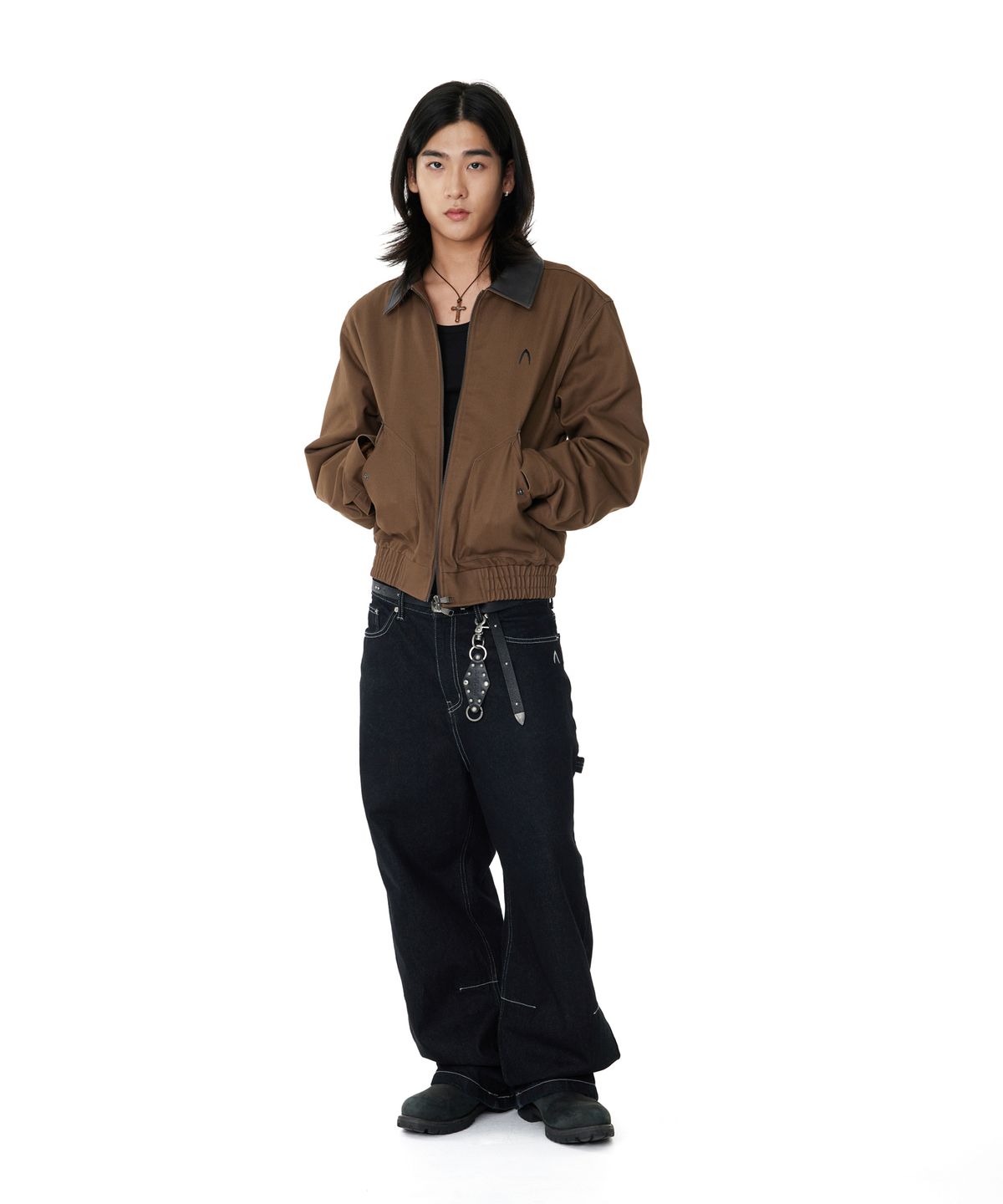 아캄(AAKAM) Contrast Leather Work Jacket (Brown)