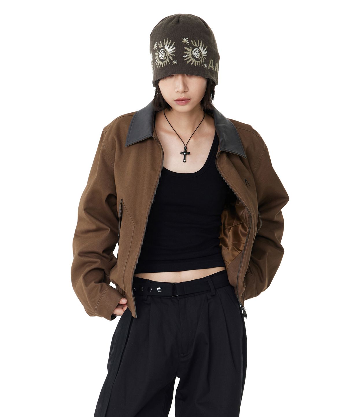 아캄(AAKAM) Contrast Leather Work Jacket (Brown)