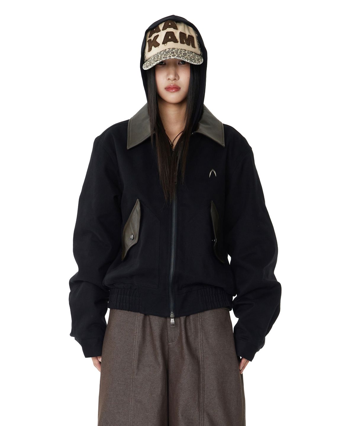 아캄(AAKAM) Contrast Leather Work Jacket (Black)