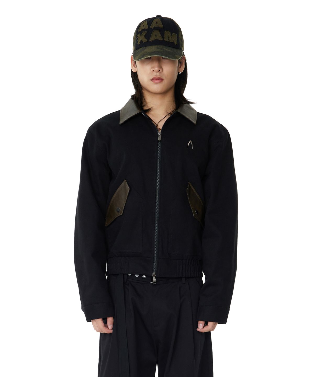 아캄(AAKAM) Contrast Leather Work Jacket (Black)
