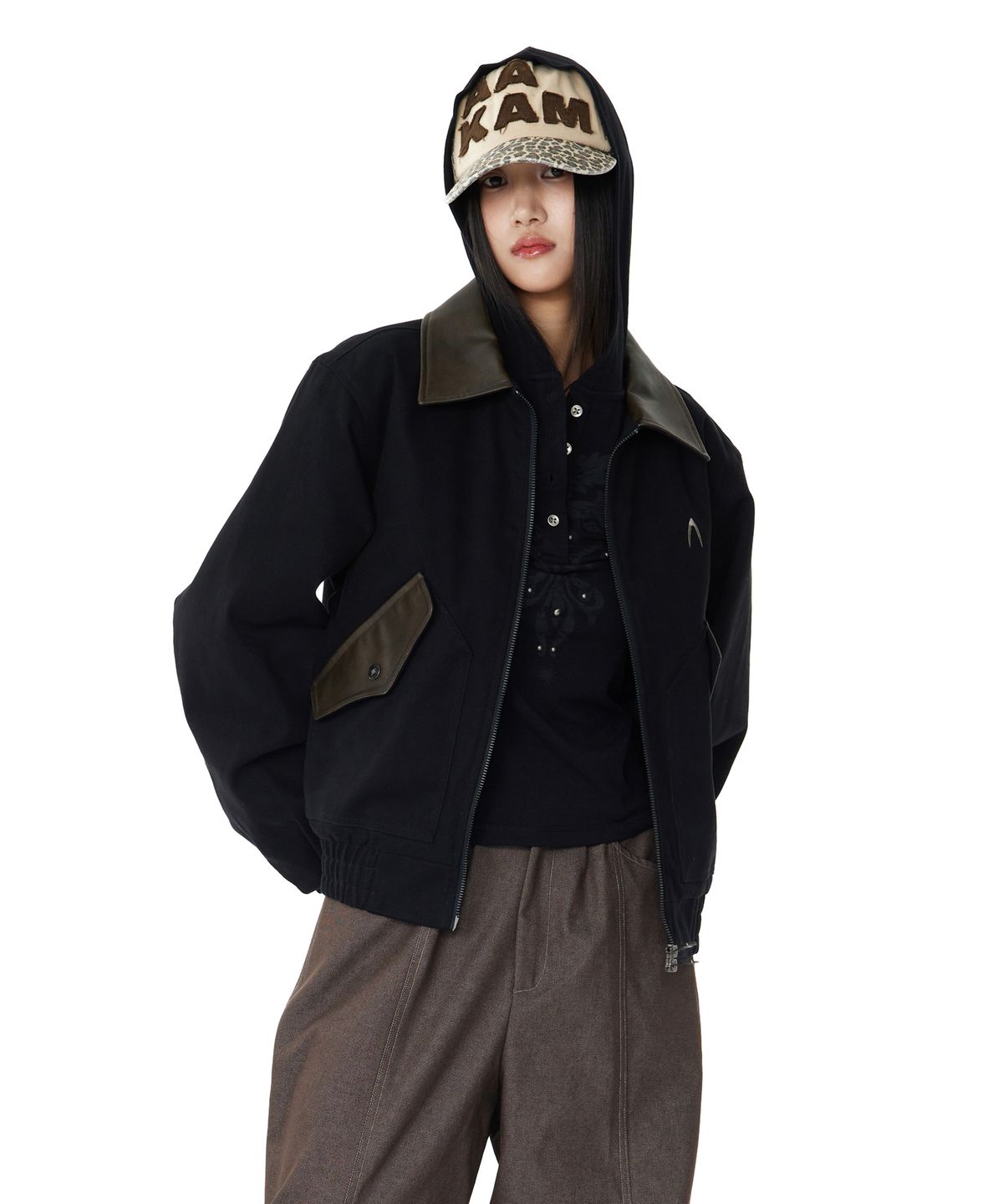 아캄(AAKAM) Contrast Leather Work Jacket (Black)