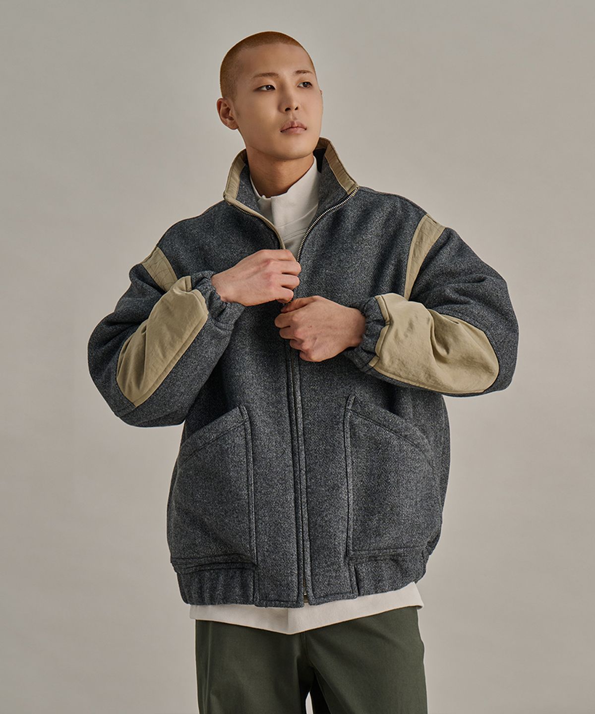 논타입(NONTYPE) MULTI PATCH WOOL HARRINGTON JUMPER (GREY)