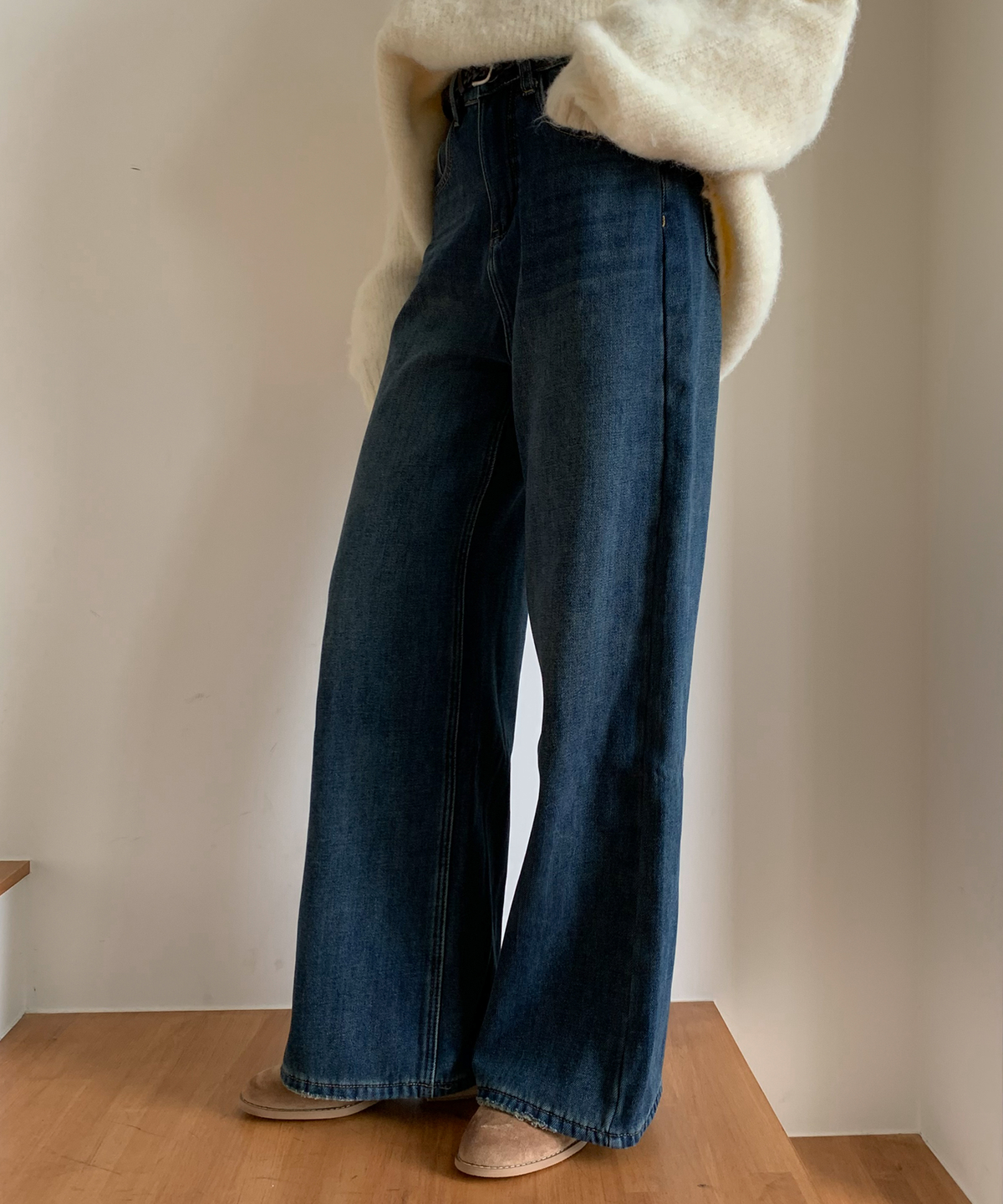 바스카라(VASCARA) [Fleece-lined] Semi Wide Straight Denim Pants